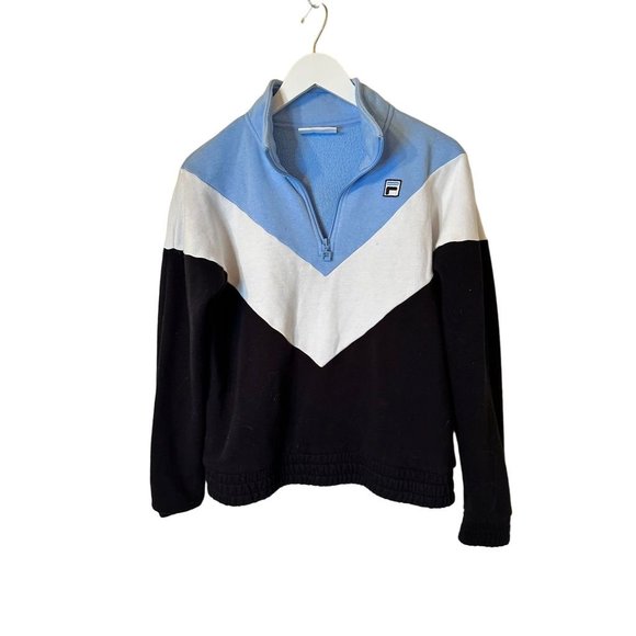 FILA Women's M Blue/White Chevron Collared Quarter Zip Pullover Sweater - Picture 1 of 16